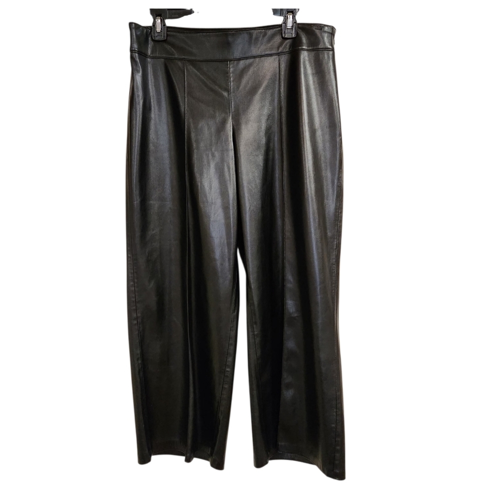 Zara Womens Sz XL Pants Faux Leather Wide Leg Cropped High Rise Black